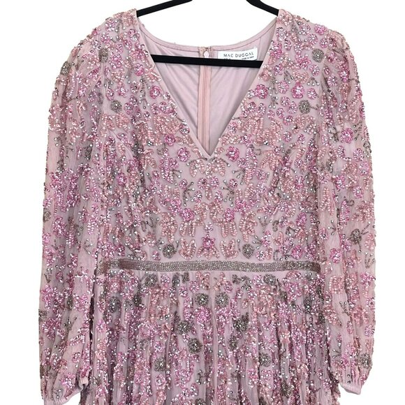 Mac Duggal $798 Pink Maxi Dress Sequin Beaded Embellished V Neck Formal Gown 14 - Picture 5 of 12